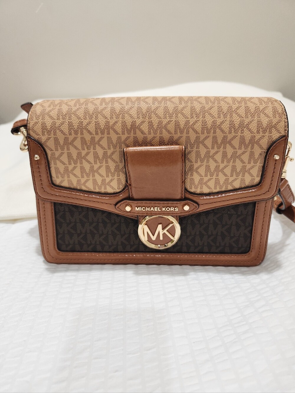 Michael Kors Two-Tone Brown Tan MK Signature Shoulder Bag